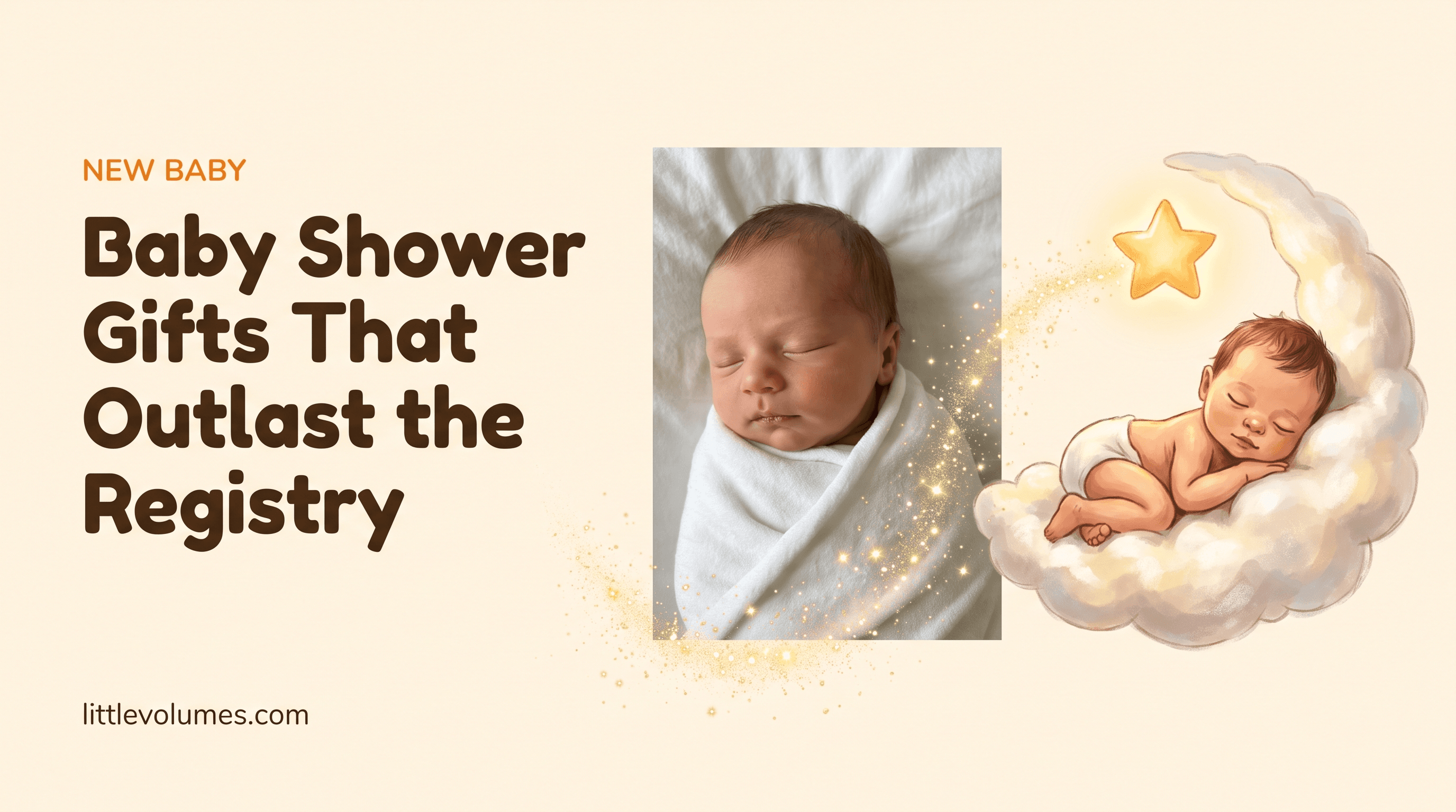 A real baby's photo transforming into a storybook illustration of them asleep under a golden star
