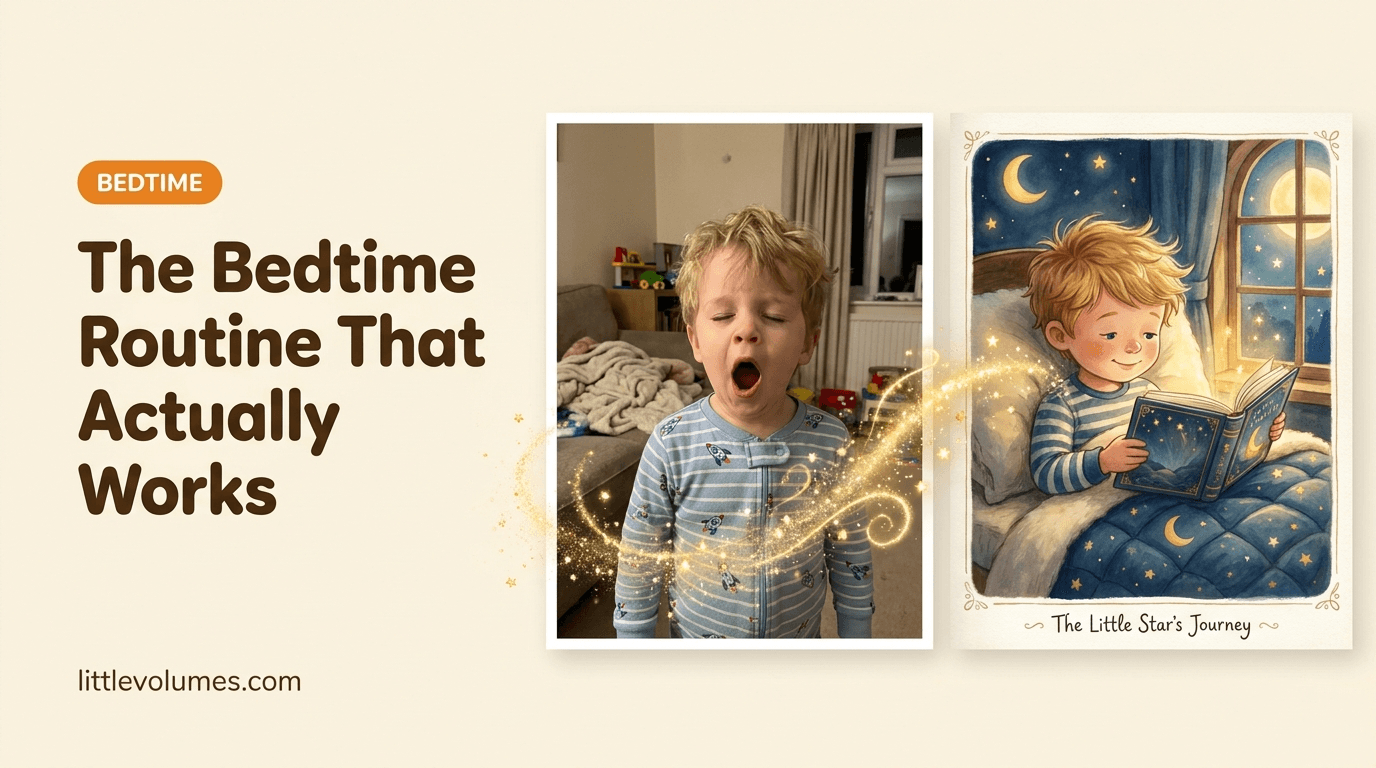 A real child's photo transforming into a storybook illustration of them snuggled up for a goodnight story