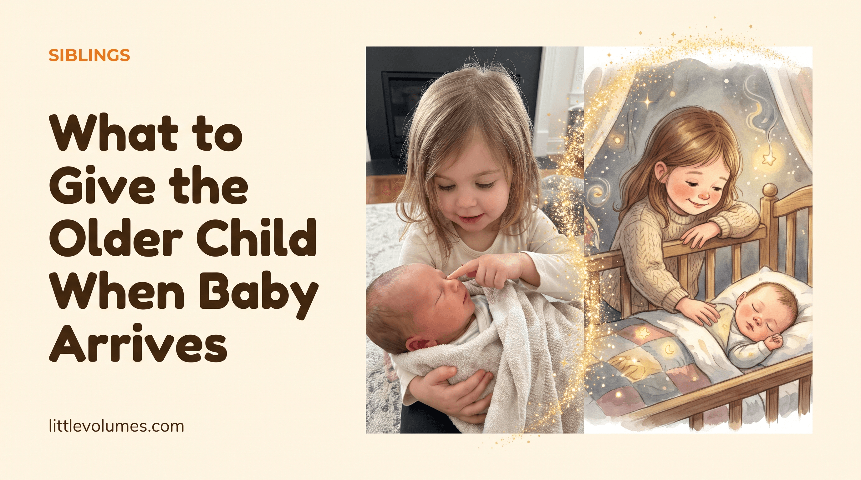 A real child's photo transforming into a storybook illustration of them as a proud big sibling with the new baby
