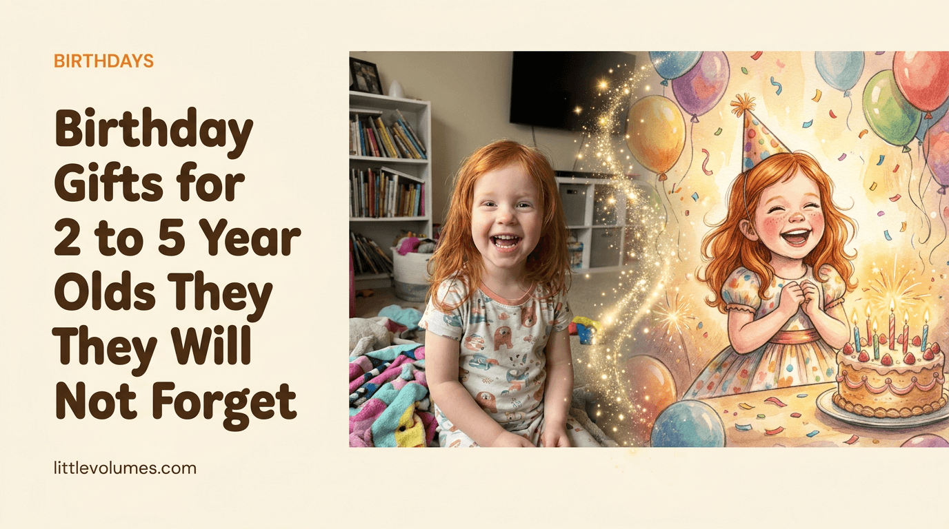 A real child's photo transforming into a storybook illustration of them celebrating their birthday adventure