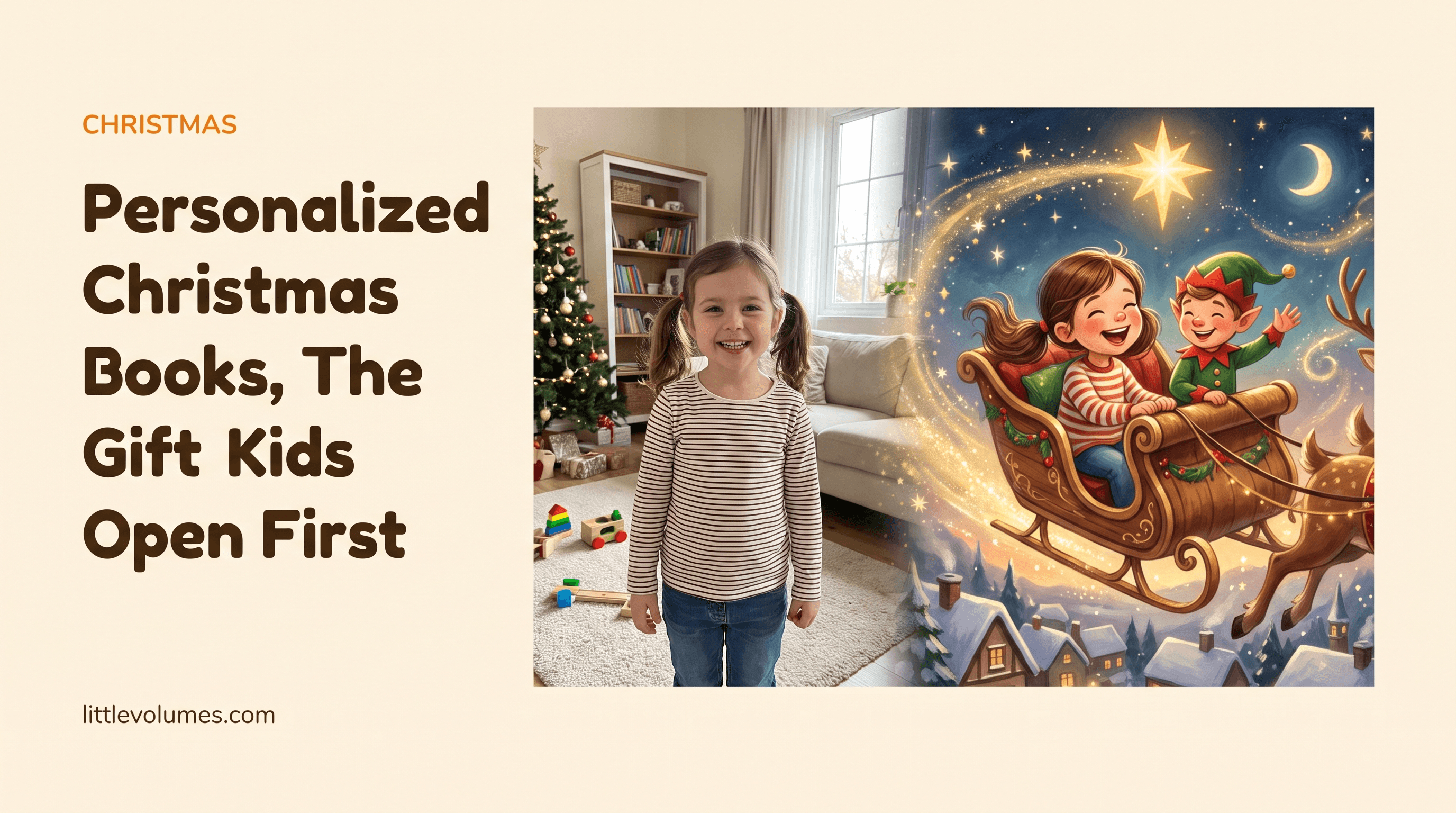 A real child's photo transforming into a storybook illustration of them on a Christmas adventure