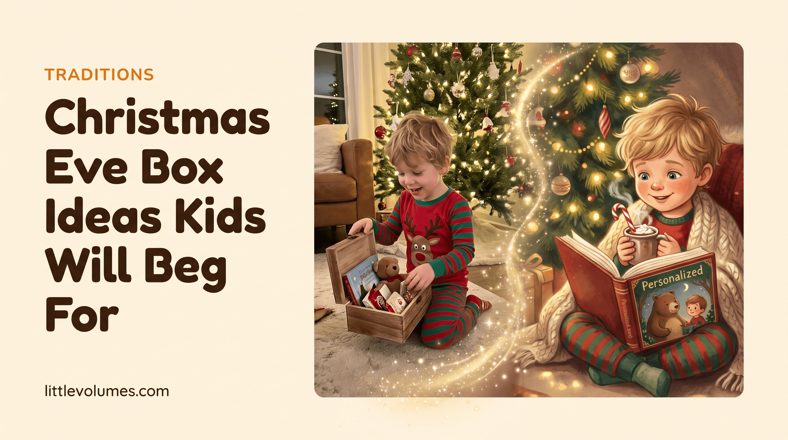 A real child's photo transforming into a storybook illustration of them opening a Christmas Eve box by the tree