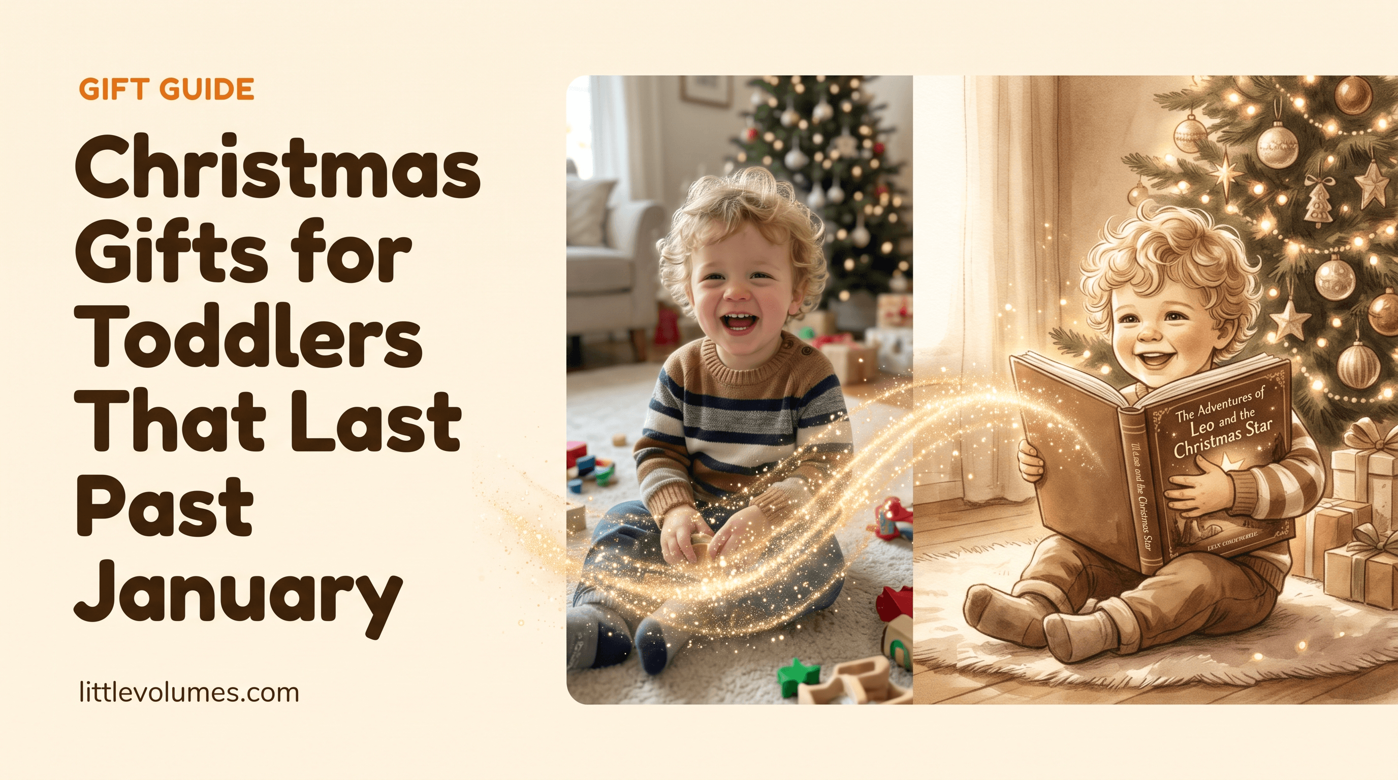 A real toddler's photo transforming into a storybook illustration of them opening a Christmas gift