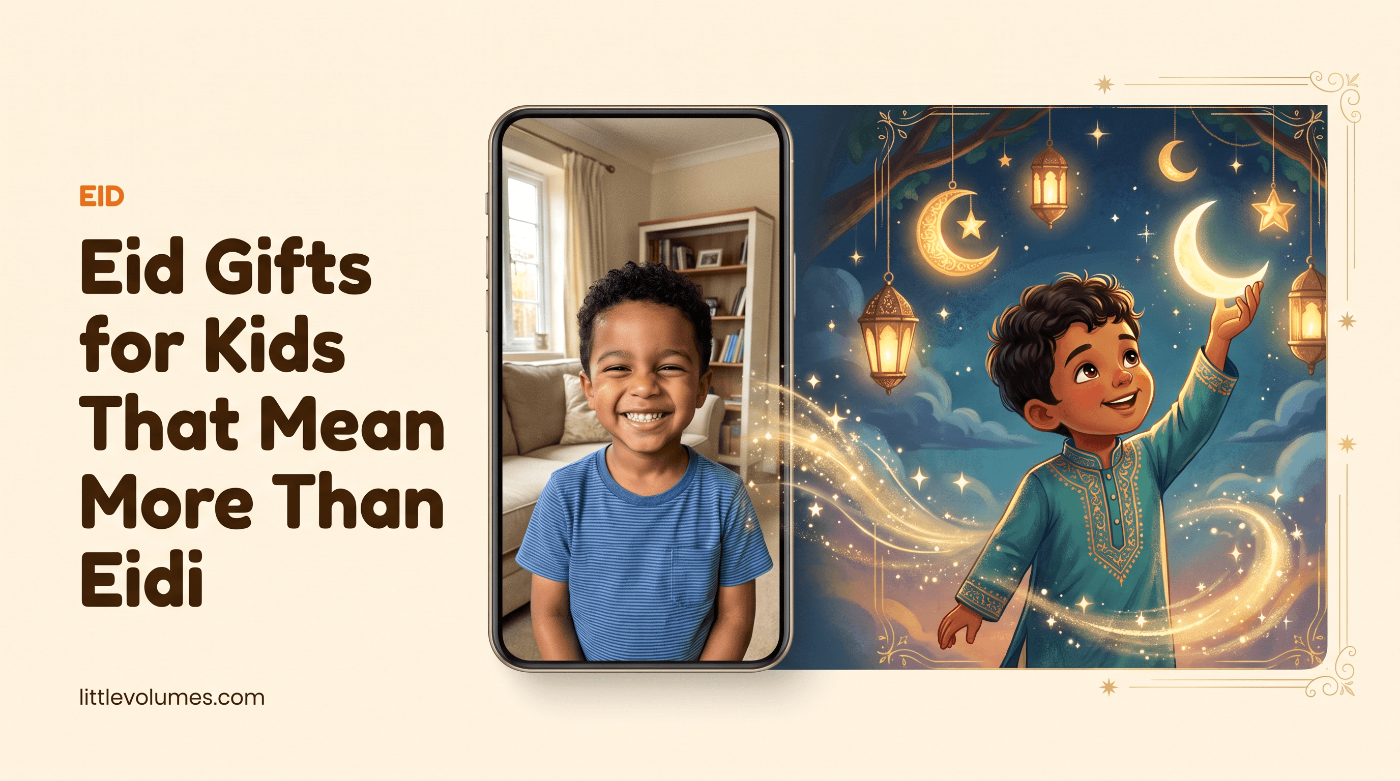 A real child's photo transforming into a storybook illustration of them celebrating Eid under lanterns