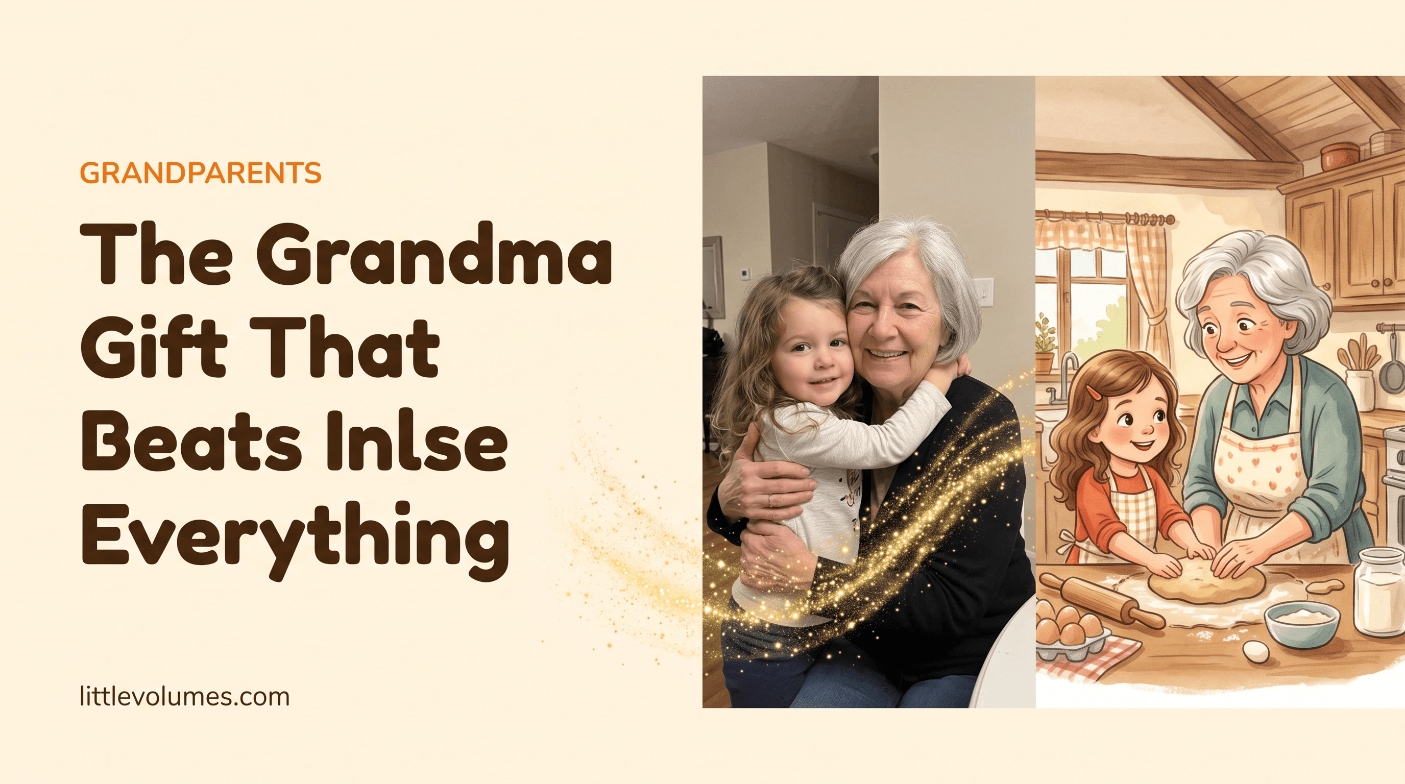 A real child's photo transforming into a storybook illustration of them baking with Grandma