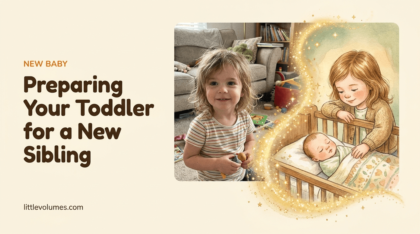 A real child's photo transforming into a storybook illustration of them as a proud big sibling