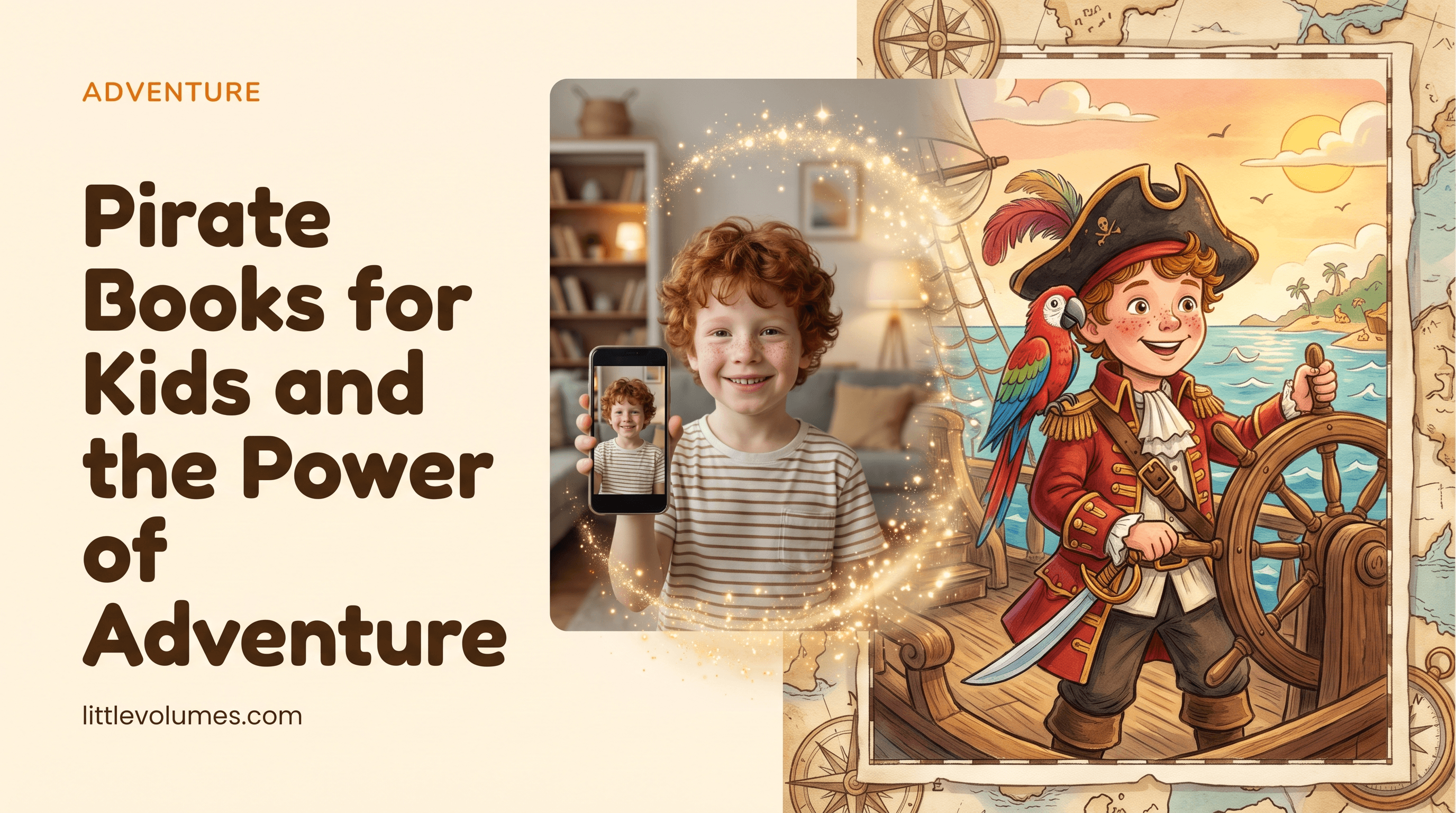 A real child's photo transforming into a storybook illustration of them as a pirate captain at the wheel