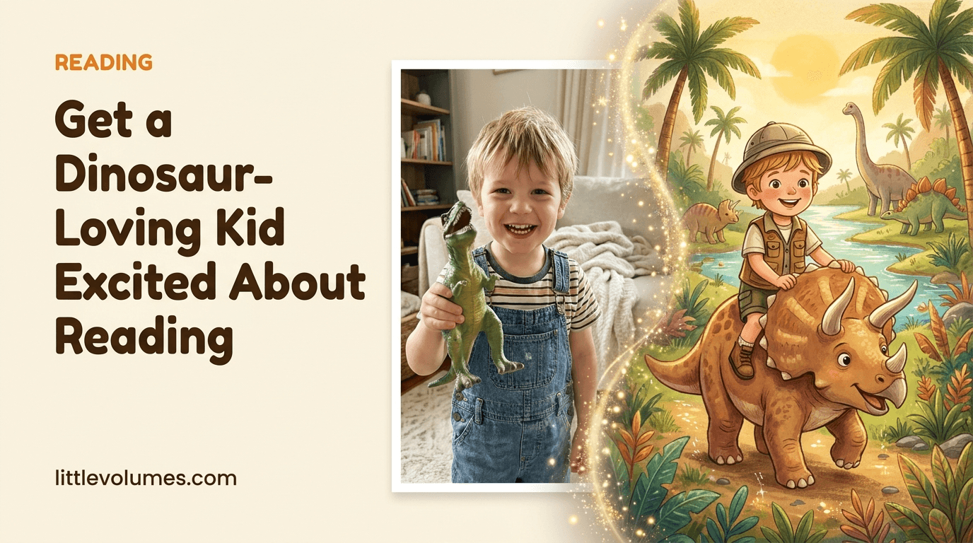 A real child's photo transforming into a storybook illustration of them riding a friendly triceratops