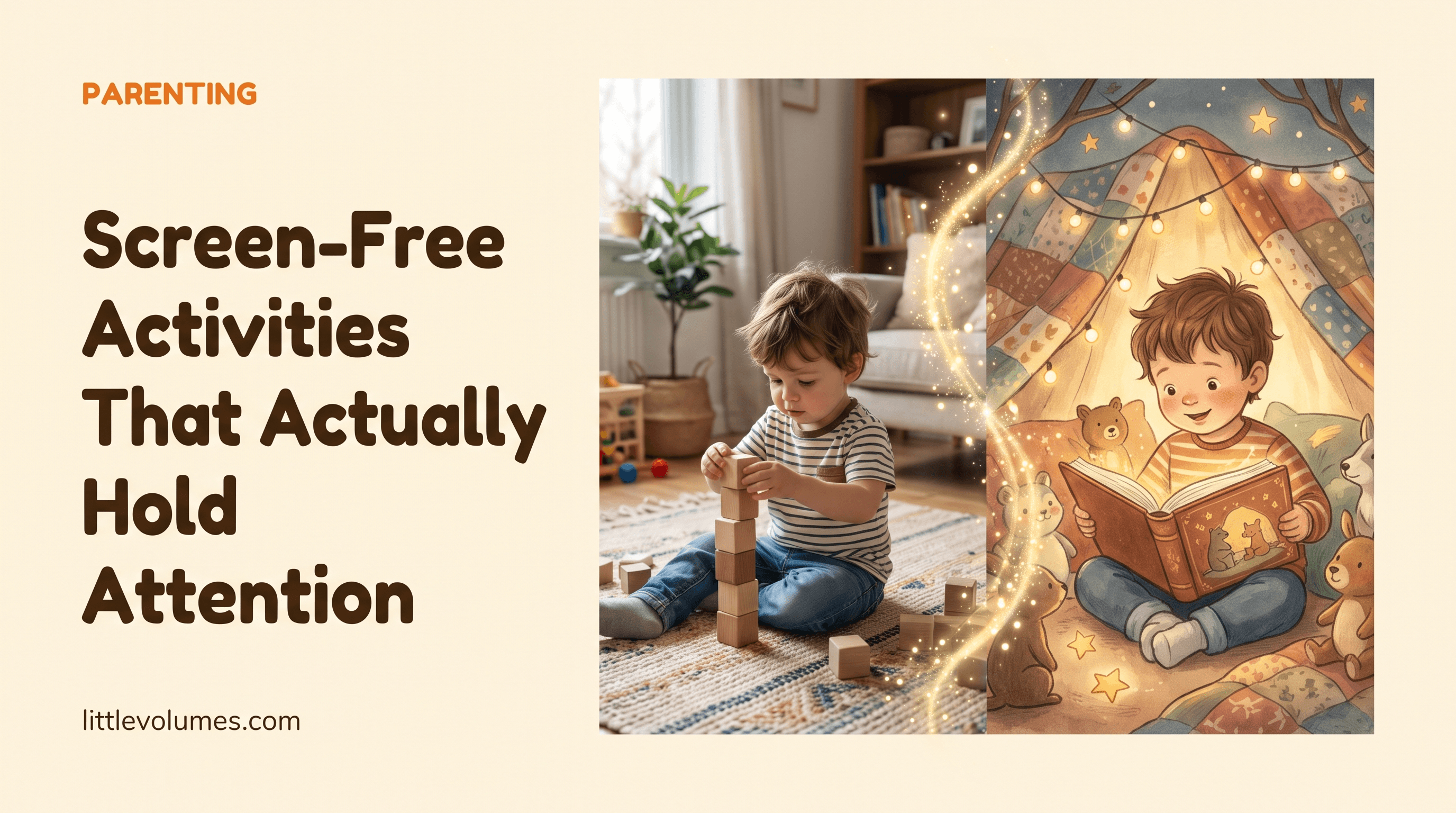 A real toddler's photo transforming into a storybook illustration of them absorbed in play and books