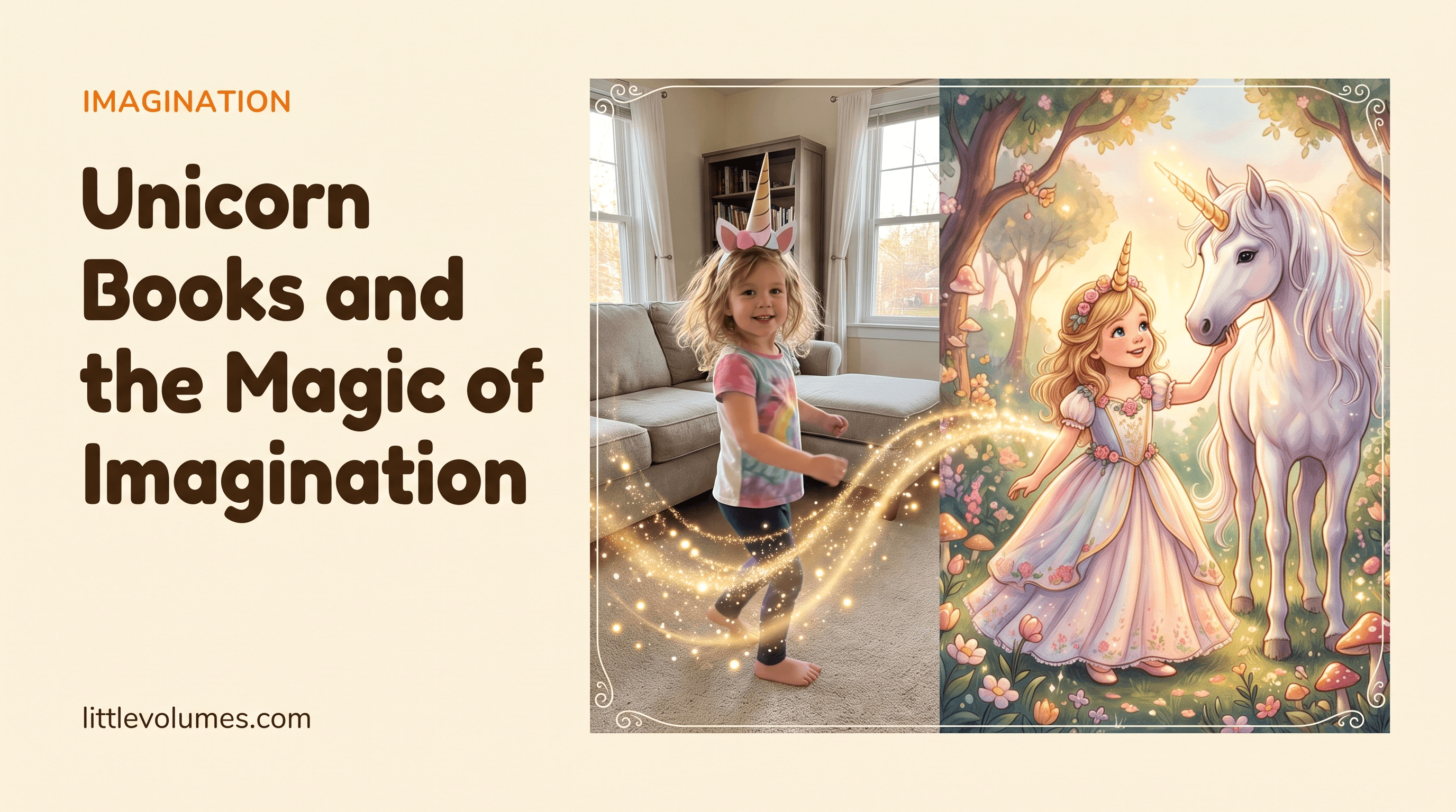 A real child's photo transforming into a storybook illustration of them in a magical unicorn garden