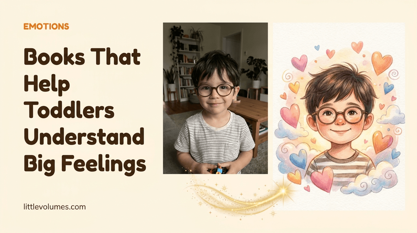 A real child's photo transforming into a storybook illustration of them surrounded by gentle floating hearts