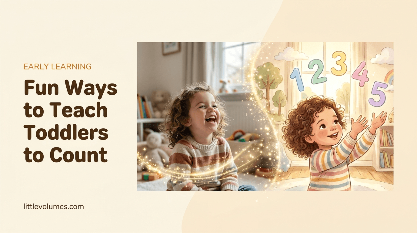 A real child's photo transforming into a storybook illustration of them reaching for floating numbers