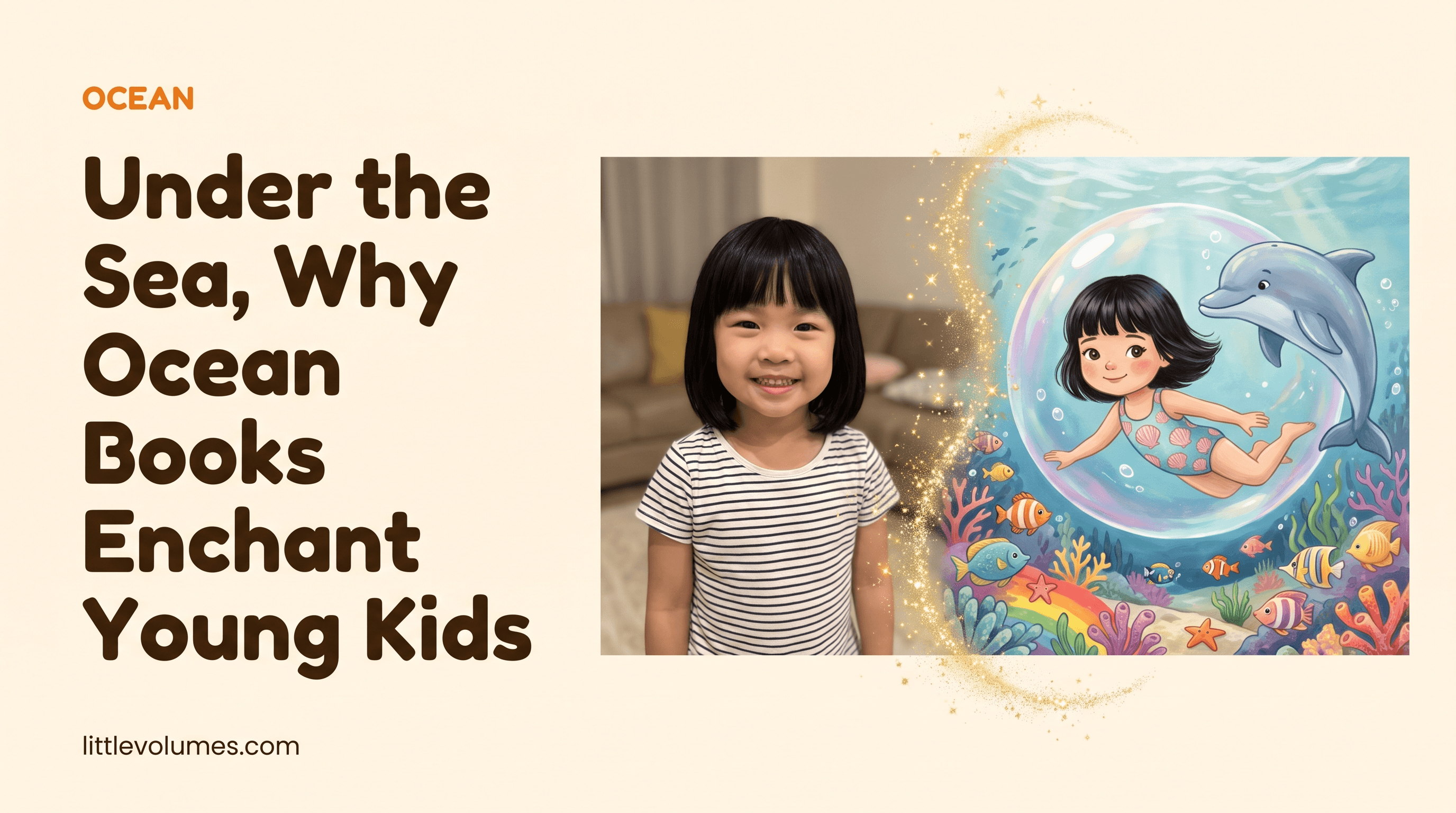 A real child's photo transforming into a storybook illustration of them swimming in a magic bubble by a coral reef