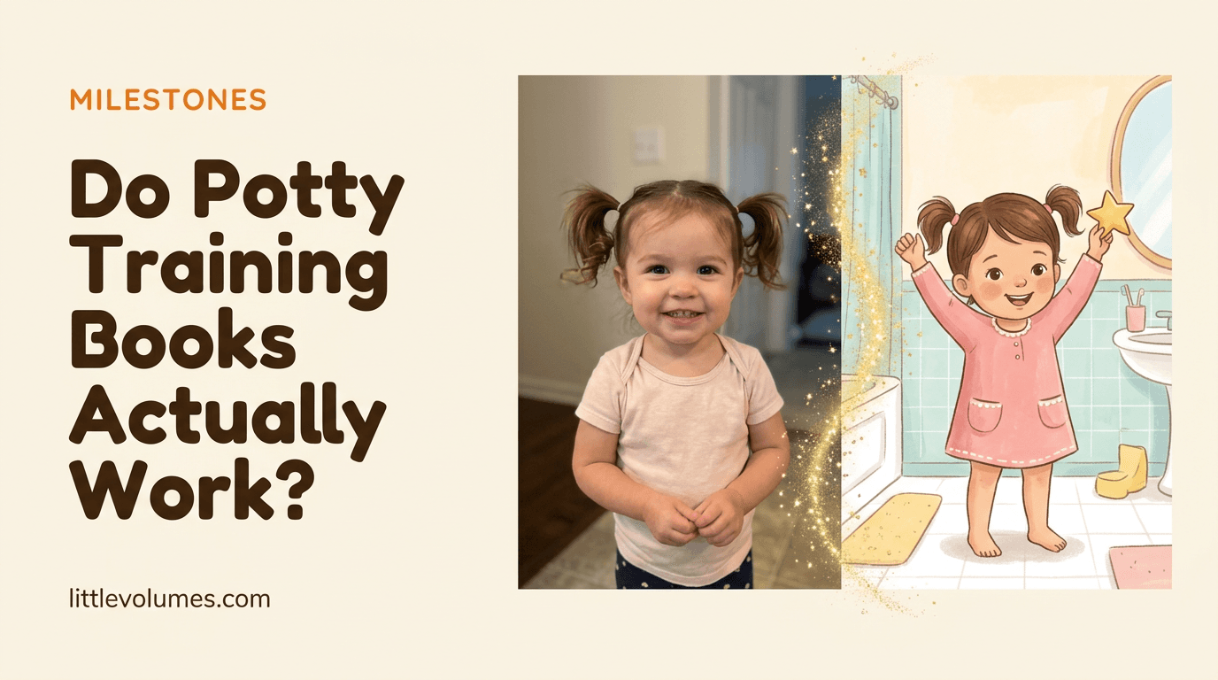 A real child's photo transforming into a storybook illustration of them celebrating a potty milestone