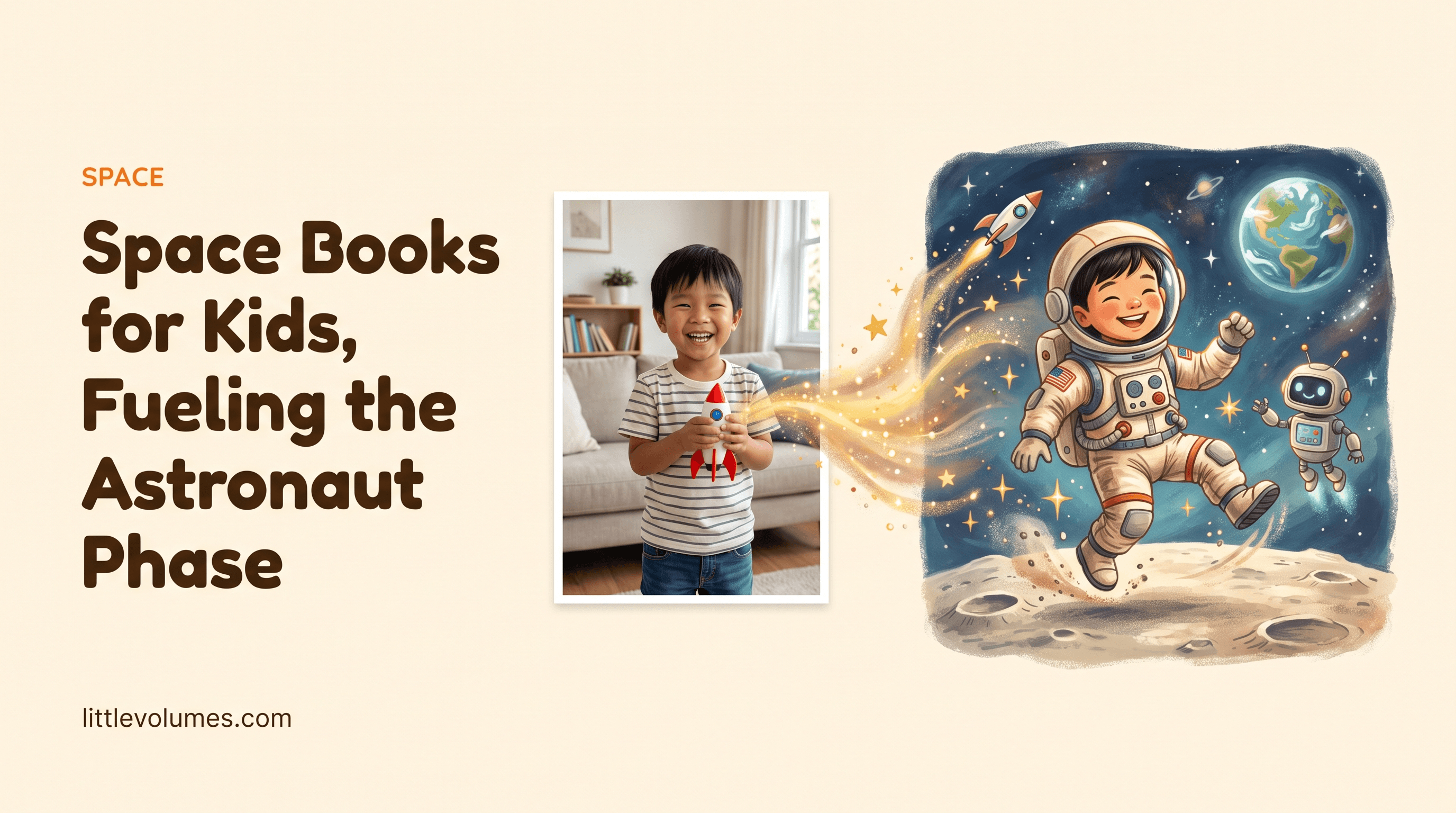 A real child's photo transforming into a storybook illustration of them as an astronaut on the moon