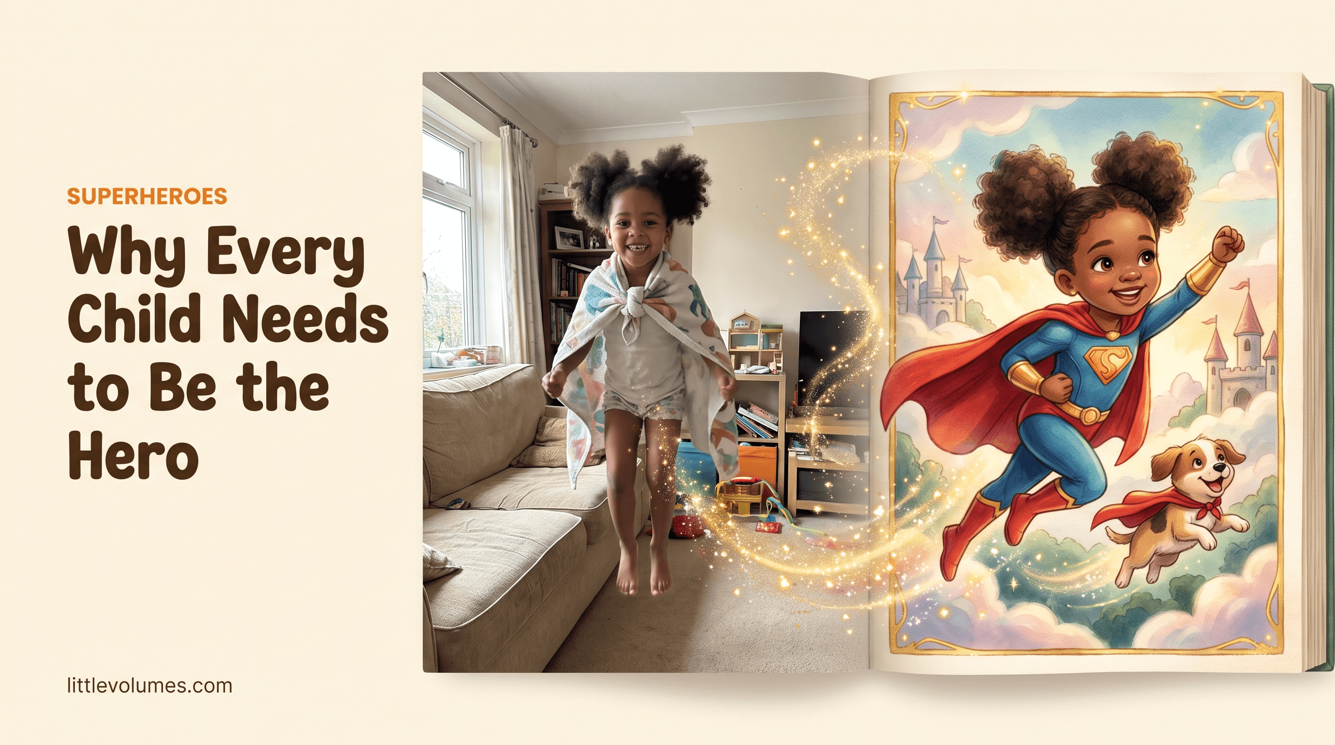 A real child's photo transforming into a storybook illustration of them flying with a red cape