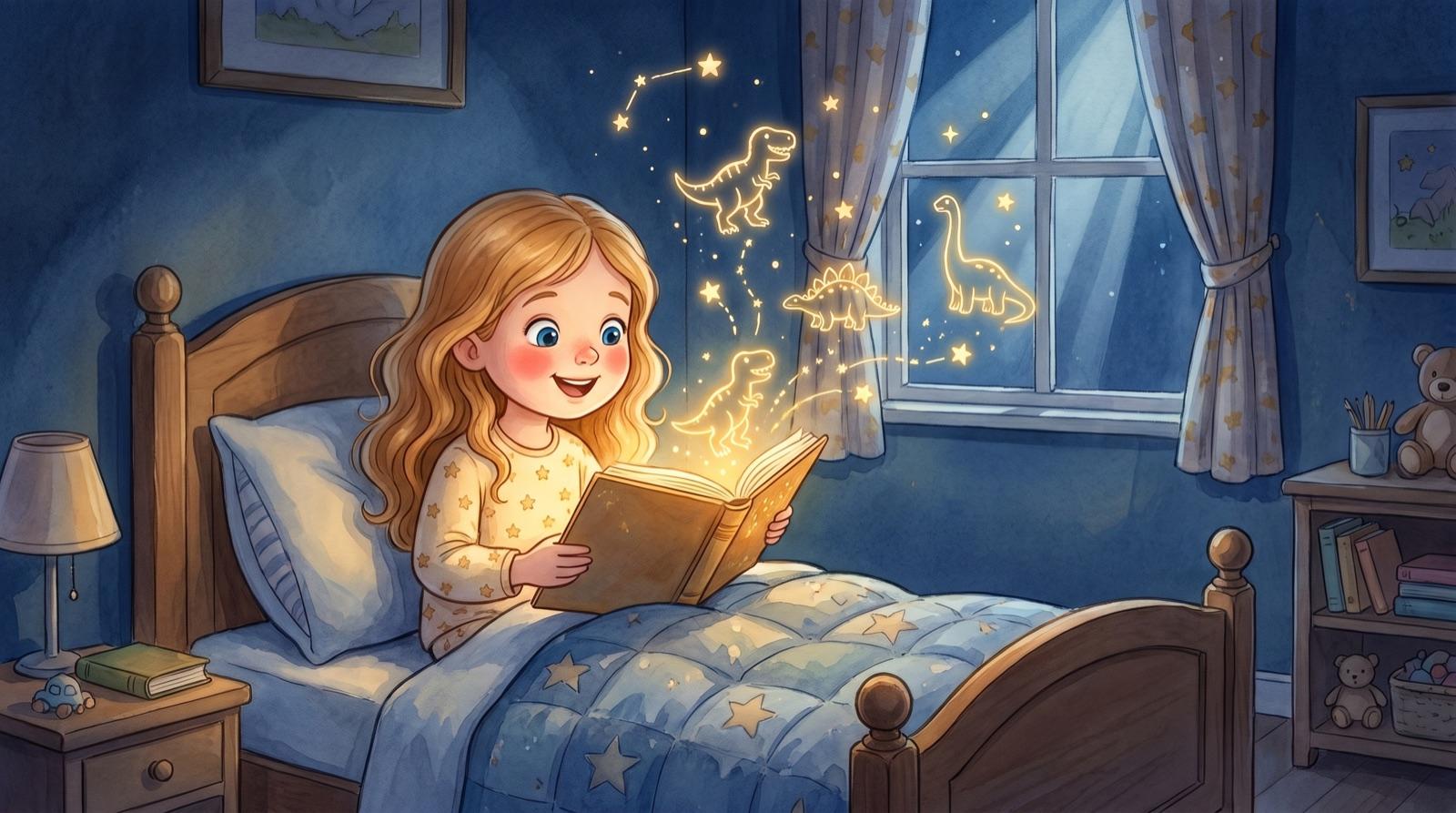 Lily reading her book at bedtime
